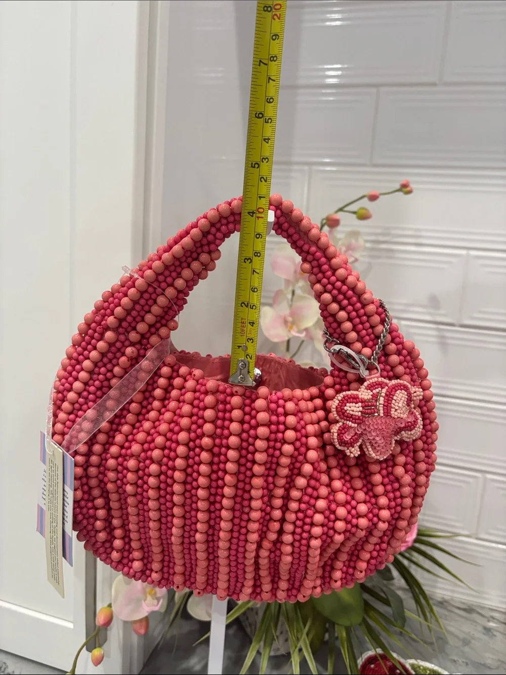 Viral hand beaded bag Handcrafted Pink Bag with Floral Charm - Picture 12 of 12